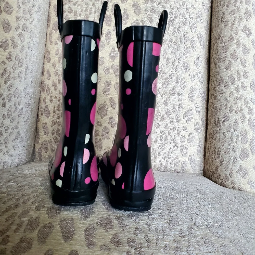 Oaki Kids Black Rain Loop Boots with Pink & White Polka Dots Size 11 Toddler